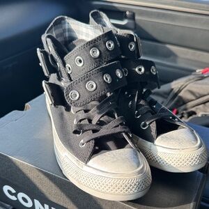 New in box Converse Black Buckle High-Tops Size 9W (Rare-Distressed)